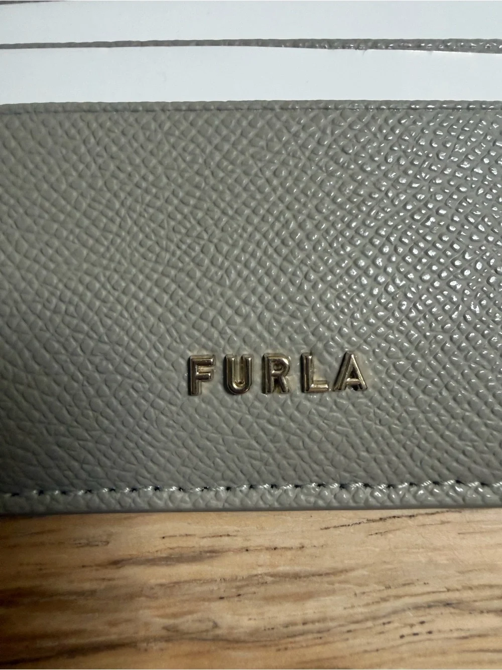 Furla Taupe Gray Pebbled Leather Card Holder with Gold Logo